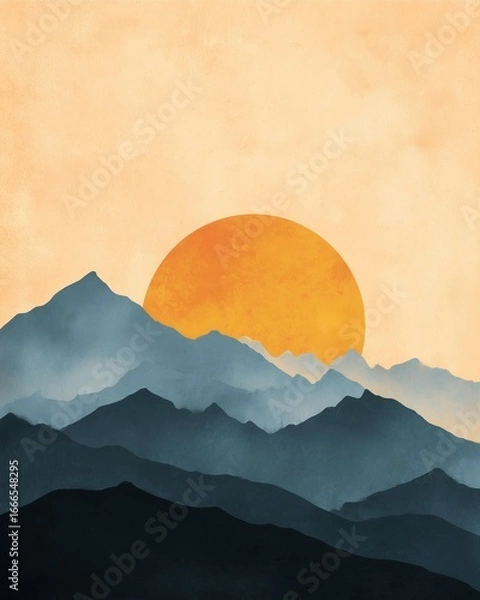 Fototapeta A stunning view of mountains silhouetted against a vibrant sunset, with warm colors blending seamlessly into the sky, creating a tranquil and picturesque scene for nature lovers.