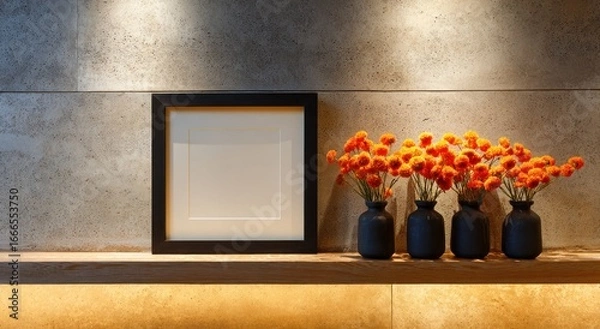 Fototapeta Empty frame and orange flowers on a shelf