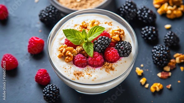 Fototapeta Minimalist top view of a macro-balanced greek yogurt bowl with fresh berries and walnuts. Concept of a healthy, high-protein breakfast for clean eating, wellness, and a fitness diet.