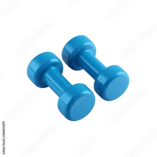 Fototapeta Two light blue dumbbells isolated on a white background, in a flat lay arrangement.