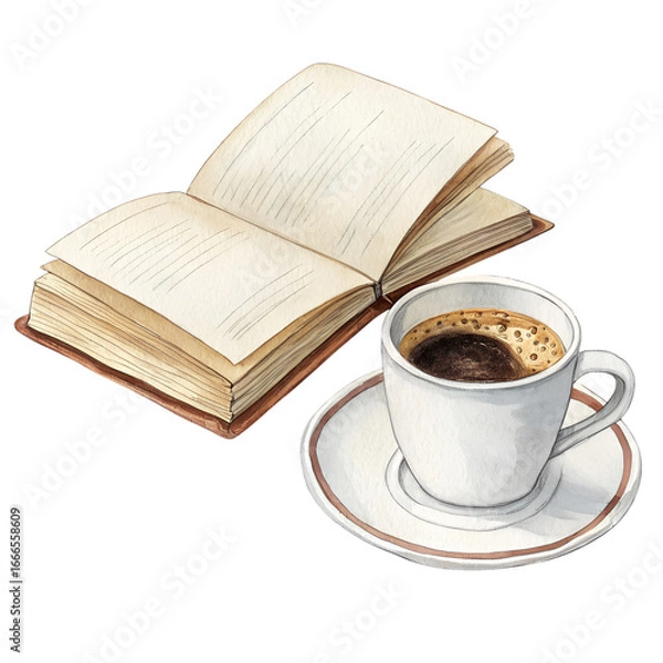 Fototapeta Open book and coffee cup resting on transparent background