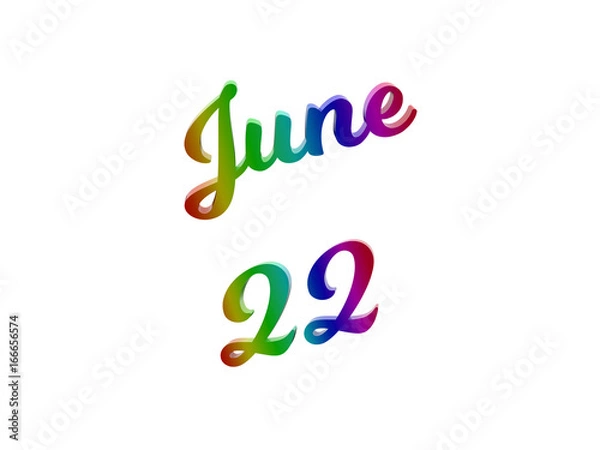 Fototapeta June 22 Date Of Month Calendar, Calligraphic 3D Rendered Text Illustration Colored With RGB Rainbow Gradient, Isolated On White Background
