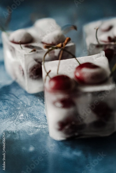Obraz Fresh cherry in ice cubes on blue iced background. High quality photo