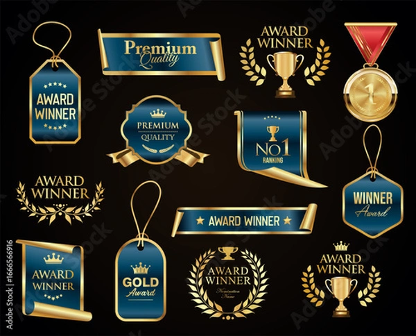 Obraz VIP, premium and gold award emblem badges and ribbon blue and gold isolated on gray background