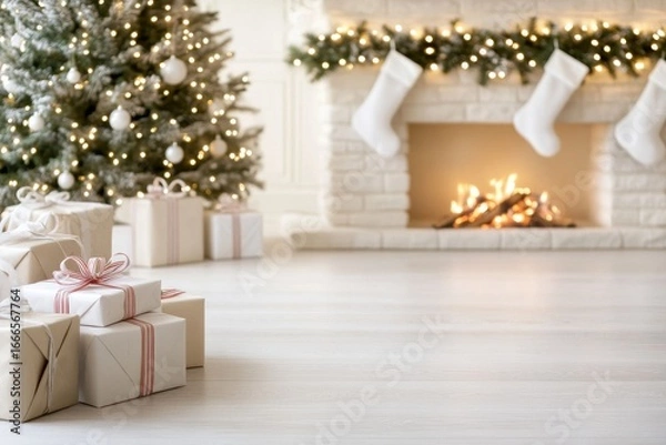 Fototapeta Golden gift wrapping, room, fire and fireplace, empty wedding hall. Generative AI