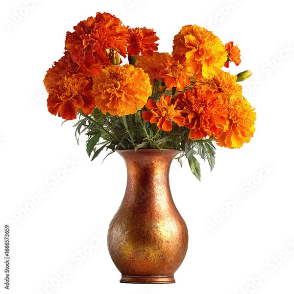 Fototapeta Vibrant bouquet of orange marigolds in a striking copper and white two-tone vase, adding a warm, festive touch to any autumn or celebration decor.
