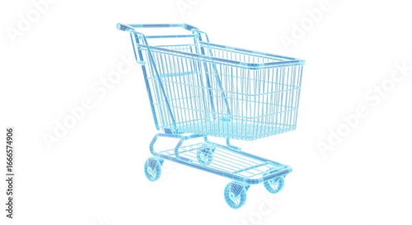 Obraz 3D Wireframe Shopping Cart with Blue Neon Glow on Black Background
