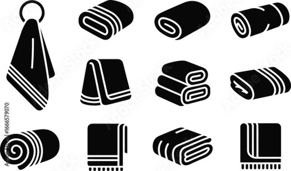 Obraz Collection of black and white towel icons in various folded and rolled styles