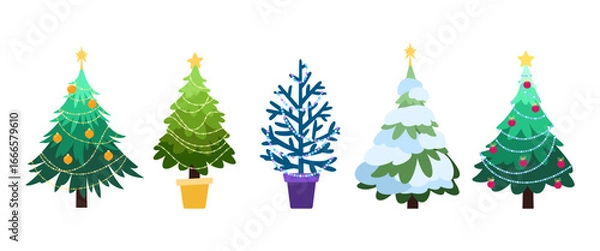 Fototapeta Set of festive fir trees decorated for Christmas. Vector cute illustration for design and decoration. Fir trees with beads, stars, glass balls. Christmas and New Year decor. Various tree shapes.