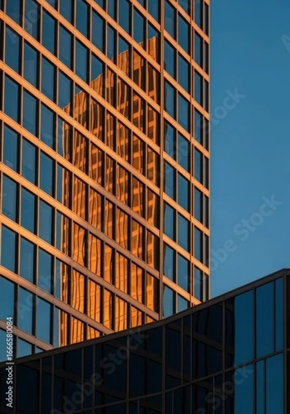 Fototapeta Modern glass skyscraper reflecting the sunset sky and surrounding buildings with a sleek architectural design and grid-like