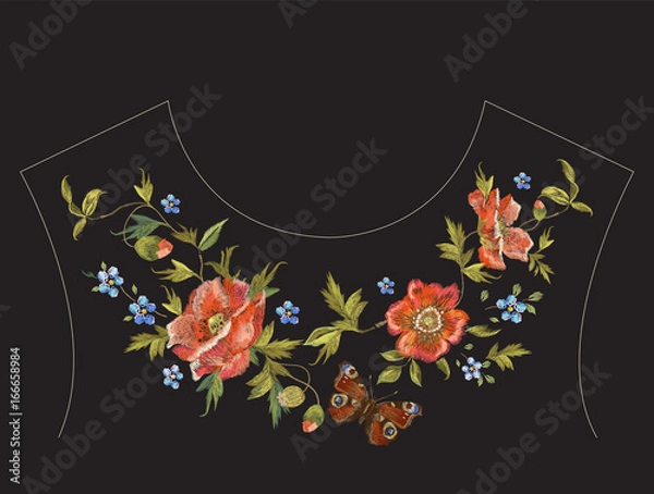 Fototapeta Embroidery floral neck line pattern with poppies and butterfly.