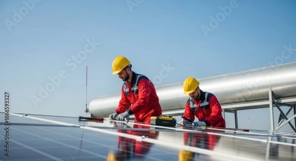 Fototapeta Solar panel installation by workers on a rooftop, ensuring clean energy generation and sustainable power solutions