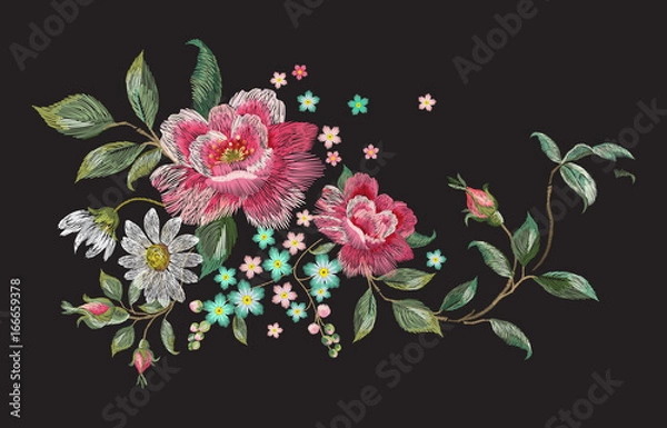 Obraz Embroidery fashion floral pattern with roses and chamomiles. Vector traditional embroidered bouquet with flowers on black background for clothing design.