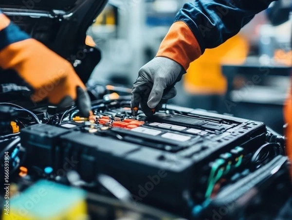 Fototapeta Close-up of mechanic repairing electric car battery with precision tools, symbol of sustainable automotive technology.