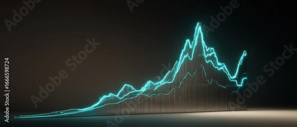 Fototapeta Glowing turquoise line graph showing market trends and financial growth on a dark background representing data analysis