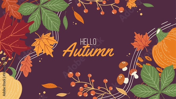 Fototapeta Colorful Autumn Banner With Leaves, Pumpkins. Flat drawing of Autumn decor on a horizontal background. Vector