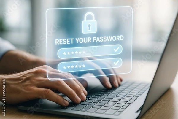 Fototapeta Password Reset: A close-up shot of a person's hands typing on a laptop with a visual prompt to reset a password, conveying the importance of digital security in a modern age.