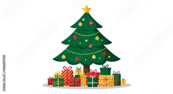 Fototapeta A Christmas tree adorned with ornaments stands over a pile of wrapped gifts in various colors