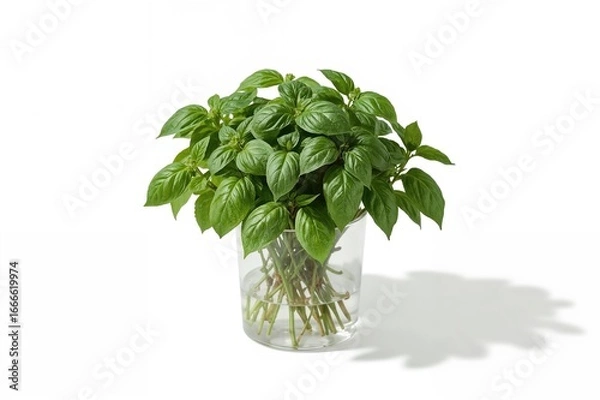 Fototapeta Green basil plant in a plastic container against a white backdrop