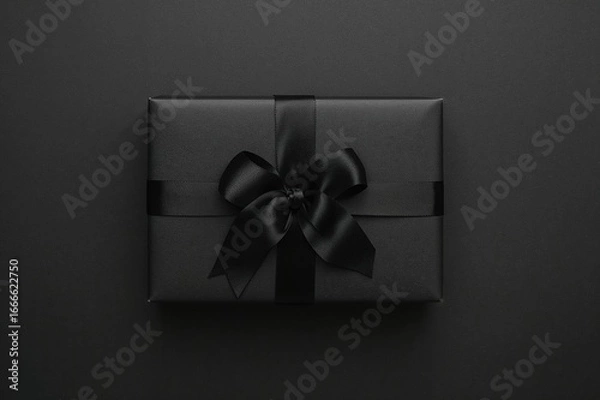 Fototapeta Flat lay top view of a gift wrapped in black paper with a silk ribbon bow, set against a dark background with space for text