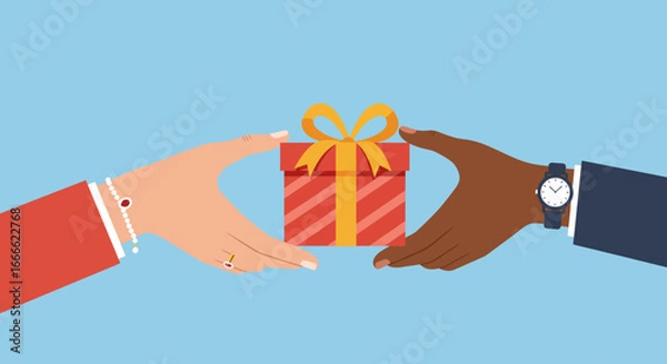Fototapeta Hands exchanging a red gift box with a yellow ribbon set against a light blue background