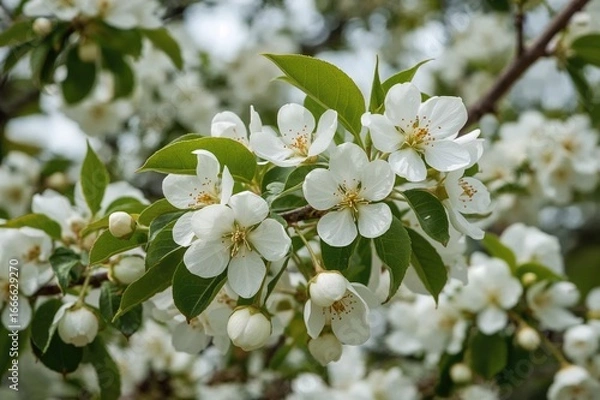Obraz Blooming pear tree branch with white blossoms in springtime