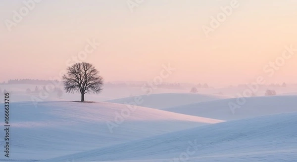 Obraz Solitary tree on a snowcovered hill at sunrise