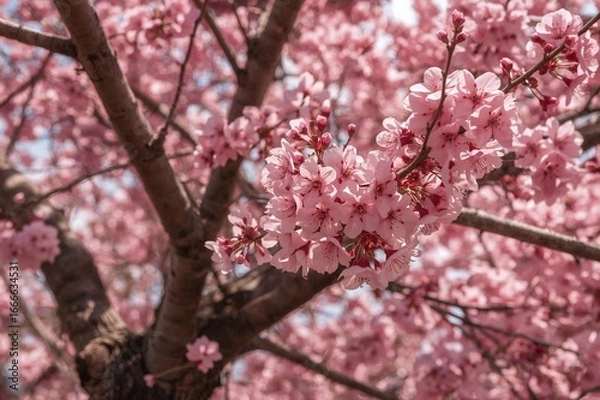 Fototapeta Close-up shot of a tree with vibrant pink flowers.