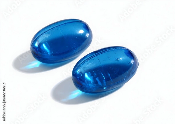 Fototapeta Two blue capsules on a white surface, reflecting light. These dietary supplements symbolize health and wellness, appealing to nutrition-conscious consumers.