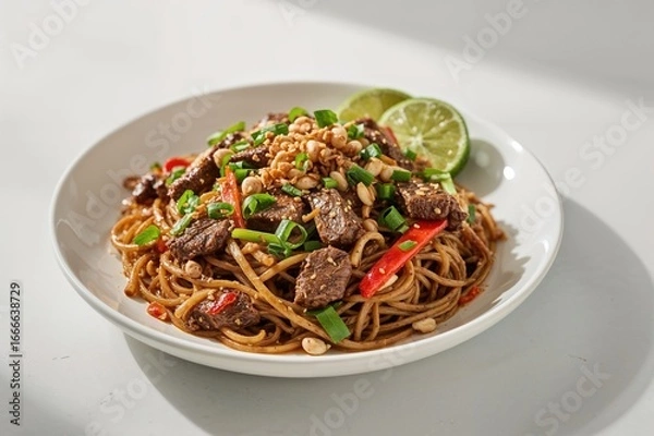 Fototapeta Explosive style stir-fried noodles with fiery beef