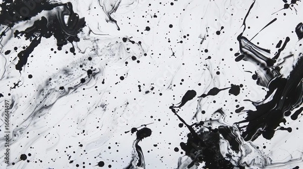 Fototapeta Black ink splashes and blots on a white paper create an abstract background
