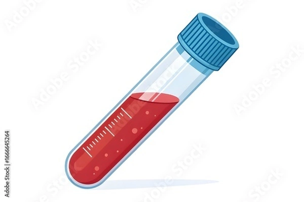 Obraz Flat vector illustration of blood sample test tube with red liquid and blue cap, medical laboratory design