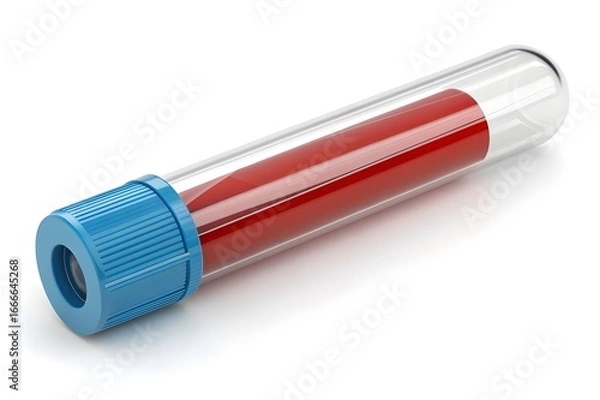 Obraz 3D medical test tube with red blood sample, laboratory analysis bottle isolated on white background