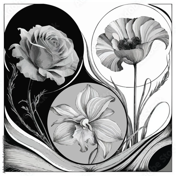 Obraz A stunning art illustration showcasing three individual flowers 