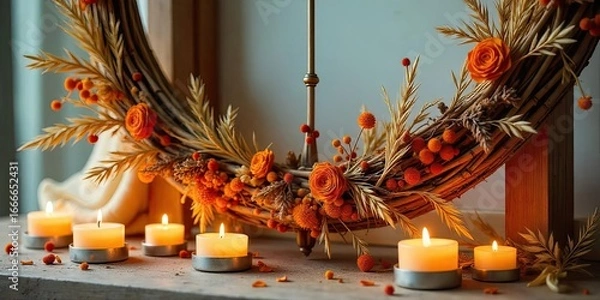Fototapeta Warm autumnal ambiance with a handcrafted wreath and flickering candlelight creates a cozy and inviting atmosphere.