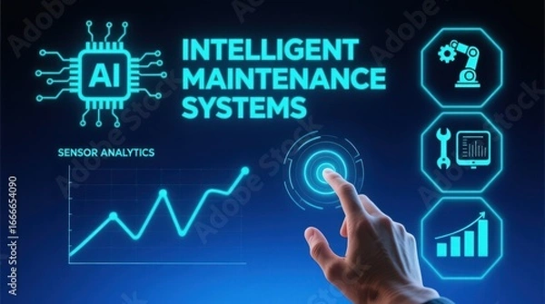 Fototapeta A futuristic interface labeled intelligent maintenance systems with ai chip and holographic analytics icons, advanced industrial predictive maintenance