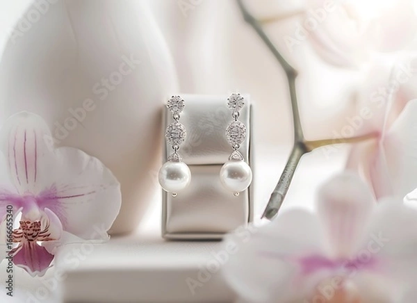 Fototapeta Elegant Pearl Earrings with Orchid: Two exquisite pearl earrings are displayed on a pedestal surrounded by delicate orchid blossoms, 