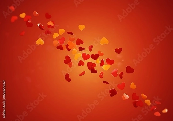 Fototapeta Scattered red and orange hearts on a red background