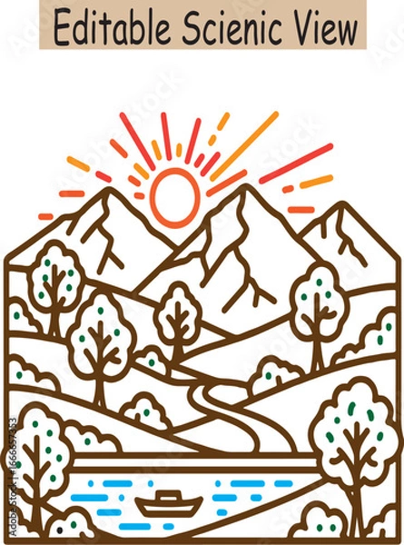 Fototapeta "Scenic editable cartoon landscape with mountains, trees, sun, winter and summer kids drawing style, cute illustration for children books, posters, learning materials, fun design vector art"