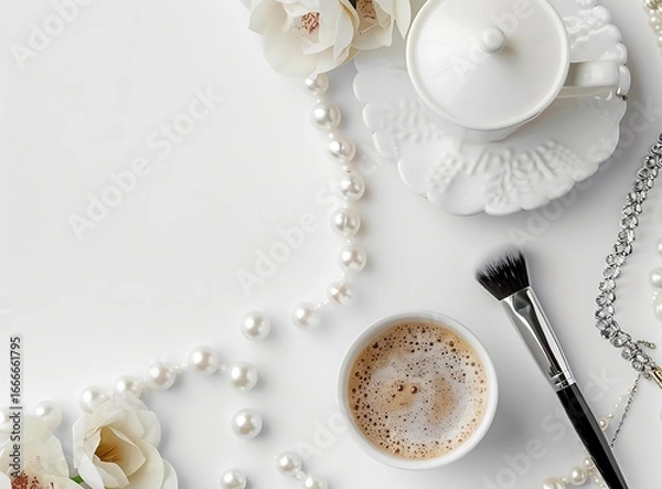 Fototapeta A luxurious flat lay of white pearls, a makeup brush, and a coffee cup with a sparkling bracelet, all on a pristine white surface.
