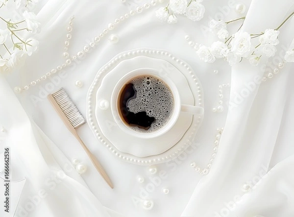 Fototapeta Morning Coffee & Elegance: A pristine, high-angle shot captures the serene beauty of a cup of coffee resting on a pearl-adorned plate amidst a cascade of silk and delicate flowers.