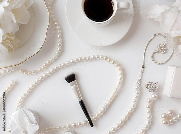 Fototapeta Elegant Treasures and Coffee: A high-angle composition showcases an array of luxurious items, including pearls, jewelry, makeup brush, and a coffee cup.