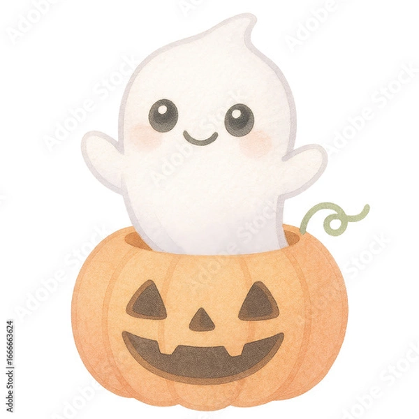 Fototapeta Cute Ghost Character Emerging from a Pumpkin for Halloween Joy