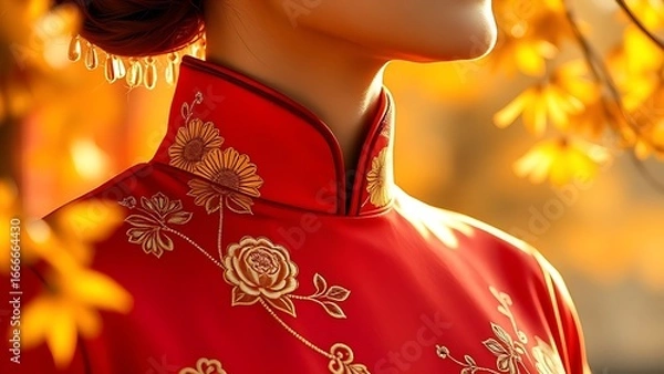 Fototapeta Golden chrysanthemum embroidery on ruby-red qipao, celebrating tradition in golden light.