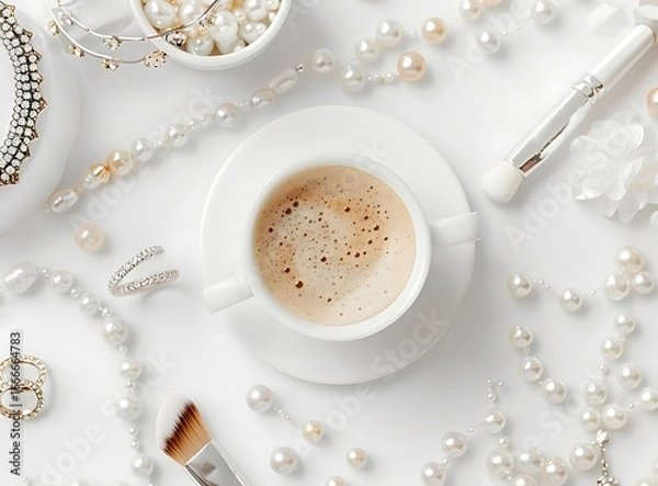 Fototapeta A top-down view of a white cup of coffee with crema, surrounded by pearls and makeup brushes on a white background.