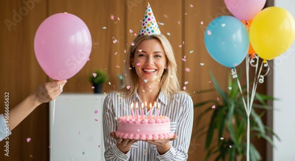 Fototapeta A joyful woman in a party hat celebrates her office birthday with a pink cake and balloons a perfect scene of workplace camaraderie and happy moments with colleagues