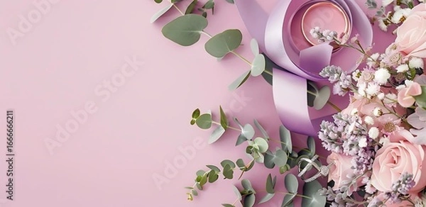 Fototapeta Romantic Floral Composition: A delicate and artistic arrangement of pastel-colored roses, eucalyptus and ribbon creates a visually appealing scene, ideal for celebrating events such as wedding.