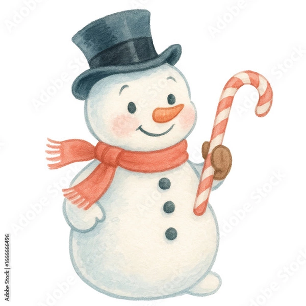 Fototapeta Cheerful snowman with a top hat and candy cane in winter scene