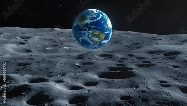 Fototapeta Earth viewed from the moon's surface astronaut perspective celestial planet cosmic space exploration