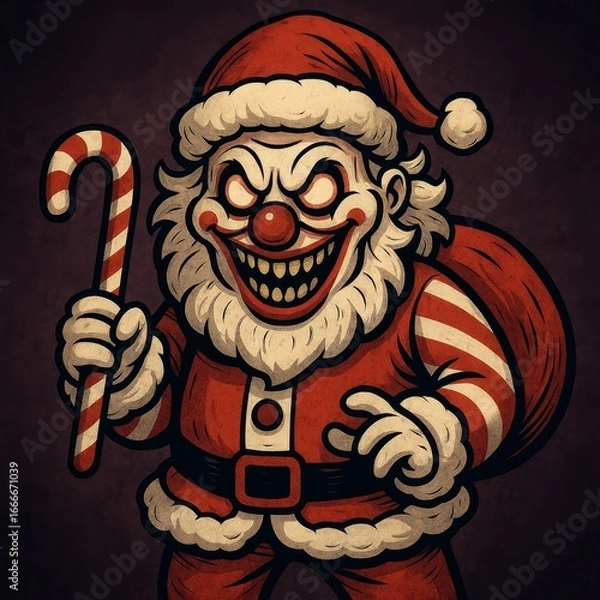 Fototapeta Creepy and Scary Santa Claus Character with Candy Cane and Sack